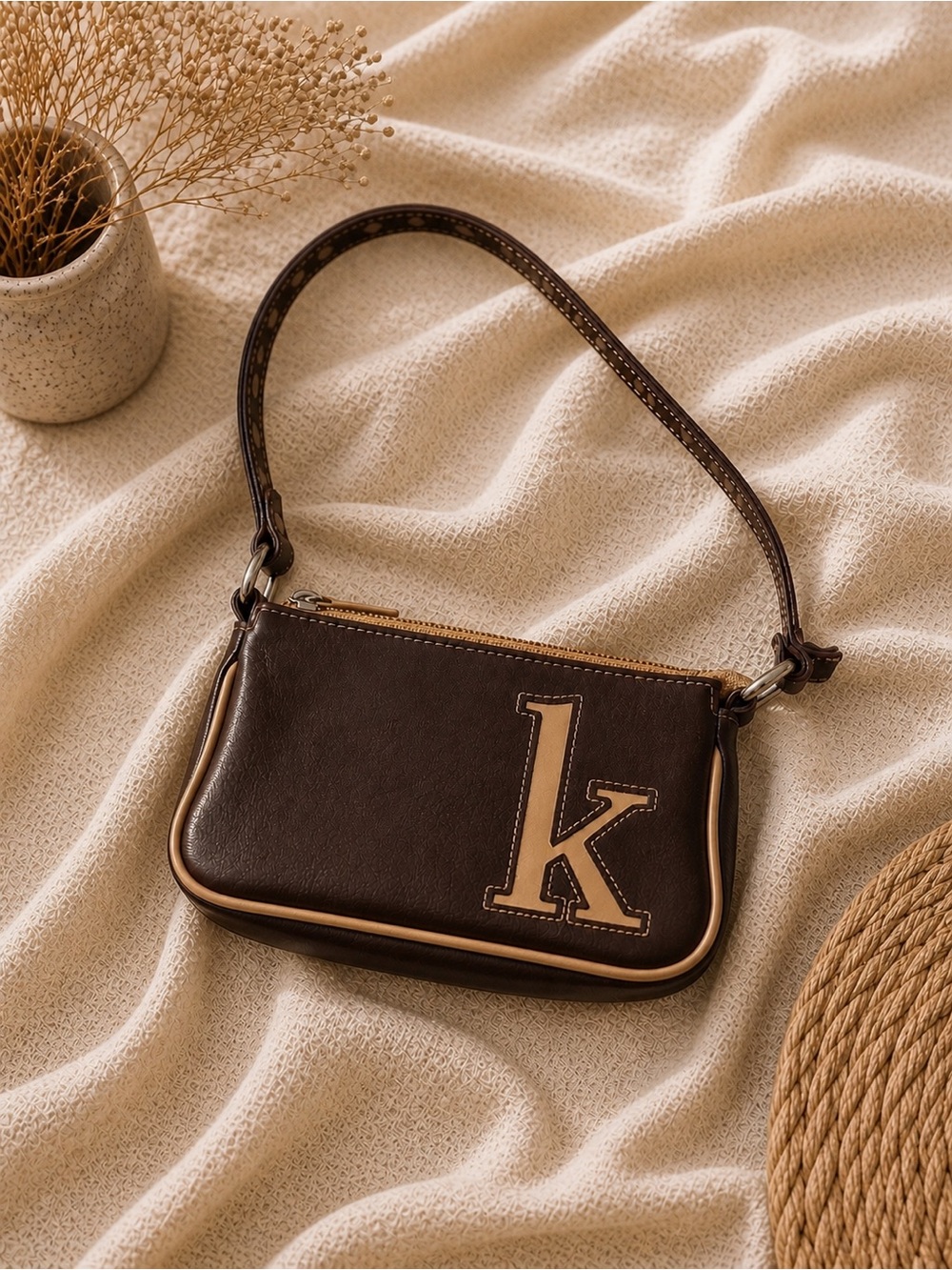 Y2K Core 2000s Brown & Tan K Initial Leather Shoulder Bag